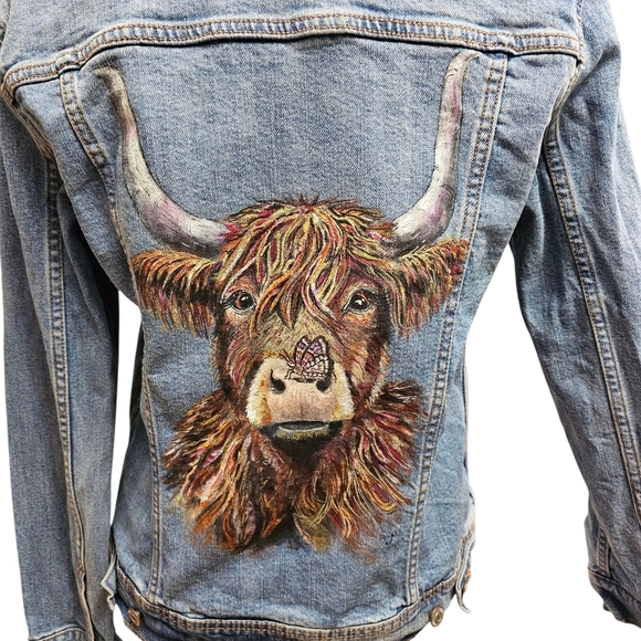 Hand Painted Highland Cow With A Butterfly. On Denim Jean Jacket. - Picture 2 of 5